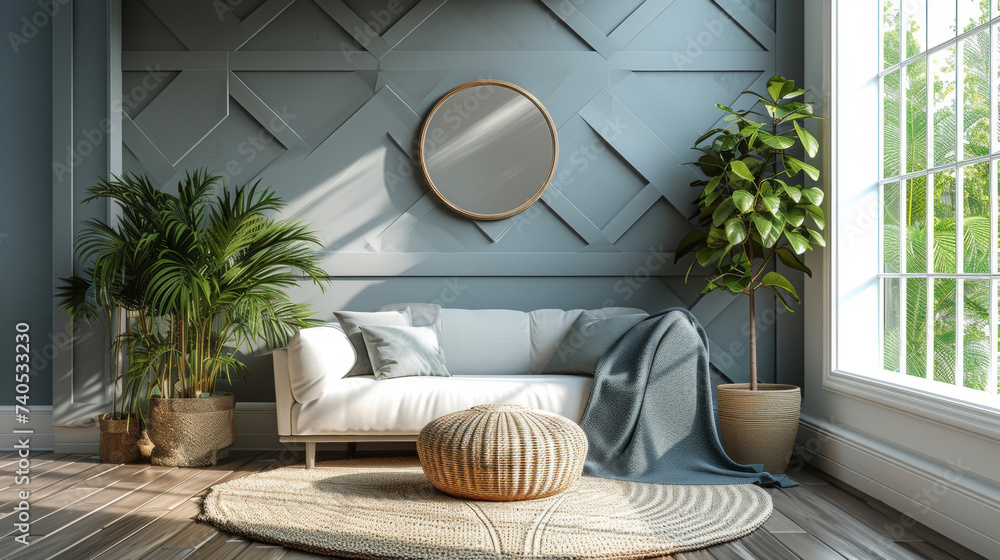 Poster the entryway of a home is given a modern and stylish update with a geometric print wallpaper in shad