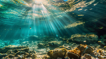 Sun rays under water landscape seascape fresh water.
