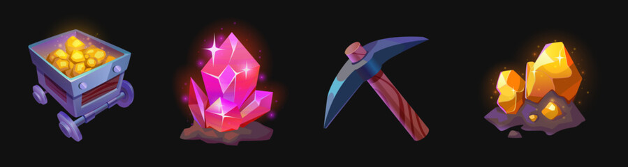 Gold mine equipment for game ui design icons. Cartoon vector illustration set of golden and gem stone crystals, crate with extracted precious metal and pickaxe. Treasure miner tools and assets. © klyaksun