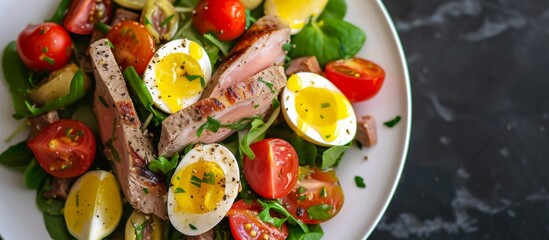 a white plate topped with a salad of eggs , tomatoes , spinach and meat . High quality