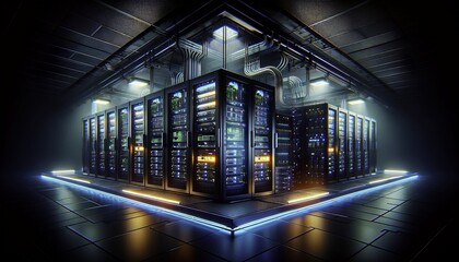visualizing a modern Data Technology Center, with server racks in a dark room enhanced by visual effects.