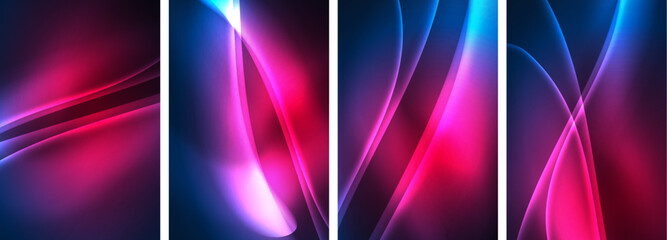 Neon Lines Waves. Abstract Background Poster Collection. Captivating array of vibrant designs, pulsating with dynamic energy against a dark backdrop. Explore the mesmerizing allure of neon waves