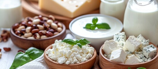 Rustic table setting with assorted bowls of cheese, nuts, and milk for a cozy gathering