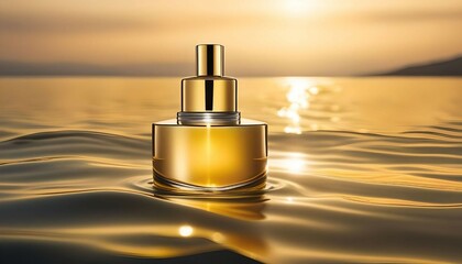 A sleek, unmarked skincare bottle peacefully adrift in glistening golden waters, radiating purity and elegance. - obrazy, fototapety, plakaty
