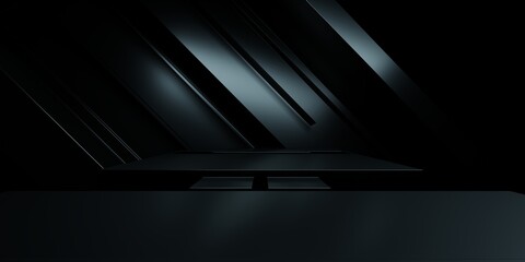 3d rendering of black abstract geometric dark background. Scene for advertising design, showroom, technology, future, modern, sport, game, metaverse, cosmetic, warehouse, garage. Sci Fi Illustration