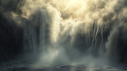 Liquid mercury cascading down a smoky, high-definition waterfall