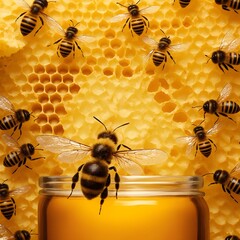 A honeybee hive made of yellow and amber honeycomb is busy pollinating the surrounding area, with bees buzzing around a jar of honey