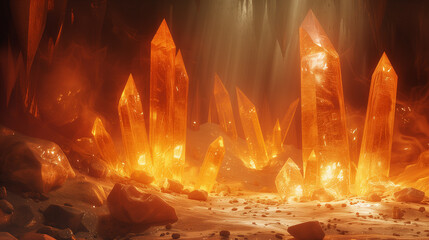 Luminescent crystals pulsating in a smoky, high-definition cavern