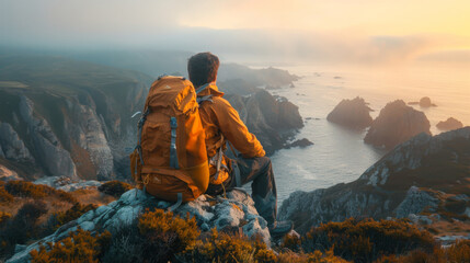A solitary hiker sits atop a cliff, gazing into the distance over a dramatic ocean vista as the sun sets. - obrazy, fototapety, plakaty
