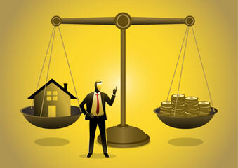 Money and House on a scale vector illustration