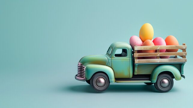 Minimal Easter background with vintage truck miniature loaded with colorful easter eggs on a bright turquoise background. Miniaturecore 