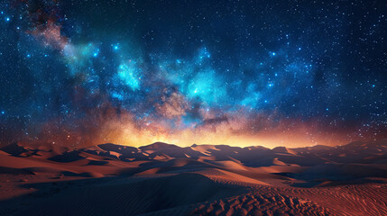 A mesmerizing night sky filled with stars and cosmic clouds stretches above the smooth, undulating dunes of a serene desert.