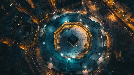 breathtaking aerial view of a grand kaaba structure illuminated