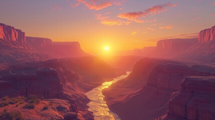 Sunset casting a warm glow over a serene river winding through a majestic canyon landscape.