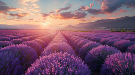 The first light of sunrise washes over a picturesque valley, illuminating rows of blooming lavender...