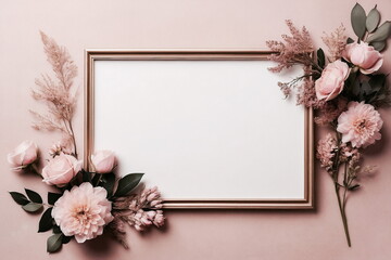 Frame mockup , pink beige flowers top view on light pink background with copy space. Floral frame presentation template. Card mock up. Neutral colors.