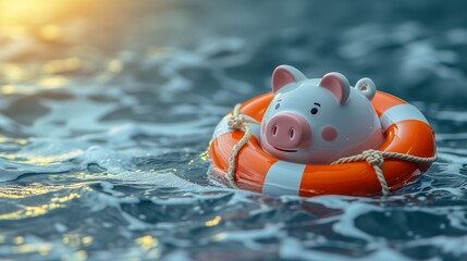 Financial Security Concept with Piggy Bank in Lifebuoy on Water