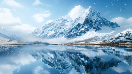 Snow Covered Mountain Reflecting in a Serene Lake