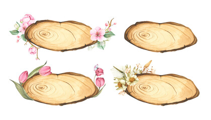 Wooden slice with floral decoration. Watercolor illustration. Perfectly for wedding, birthday invitation, greeting card, logo design. Floral decor.