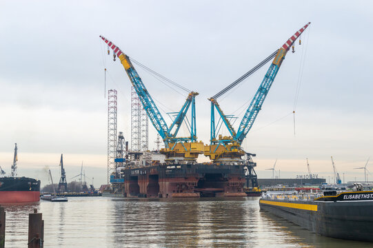 Rotterdam, Netherland - January 17, 2024: Saipem 7000, third largest in the world semi-submersible crane vessel.