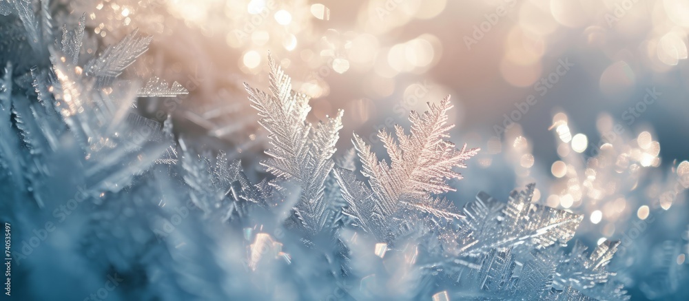 Poster a closeup macro photography shot of a snowflake on a window, showcasing the intricate pattern of ice