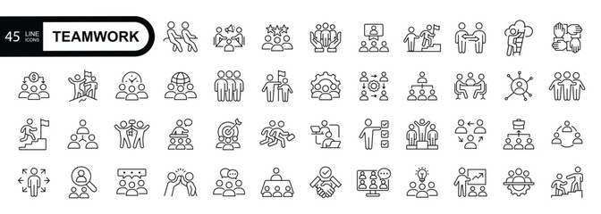 Teamwork line icons set. Business teamwork, team building, work group and human resources  web icon set. Editable stroke.