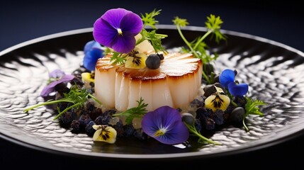 Obraz na płótnie Canvas Gourmet scallop dish with edible flower and caviar garnish