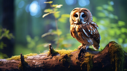 Tawny owl (Strix aluco) perched.