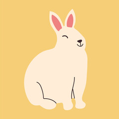 White Hand drawn Bunny isolated on yellow background. Rabbit. Minimalistic design with Hare sitting in doodle style. Cute character Rabbit with big ears in flat style for Easter cards and posters