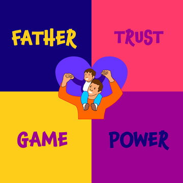 Father's day poster with words father, trust, game and power written on it, wallpaper in retro colors