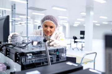 Female technologist worker controlling production process in electronic manufacturing factory.