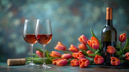 red wine and flowers, a wine bottle and two glasses of wine sit next to a bouquet of tulips against a blue and green background.