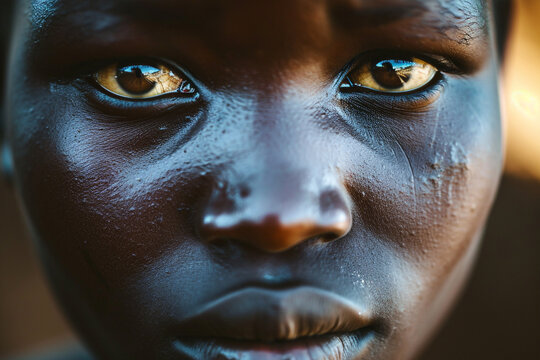 Close-up portrait of a dark-skinned tribal woman.