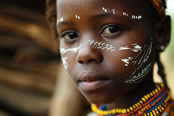 Close-up portrait of a dark-skinned tribal woman.