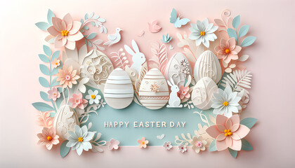 Easter background with soft pastel colors eggs, rabbits, floral, and text Happy Easter Day in paper cut art style. Digital greeting card and invitation for Easter Day celebrations and spring season.