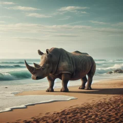 Keuken spatwand met foto Surreal view of a rhinoceros standing on an empty beach  © robfolio