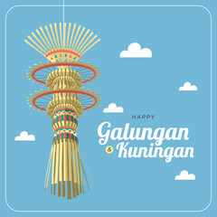 Happy galungan & kuningan with hanging penjor decoration vector greetings card