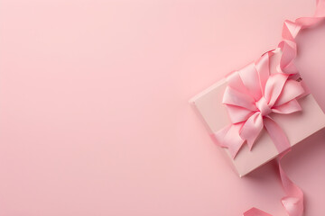 Gift box with ribbon bow levitating on pastel pink background. Present box. Happy Women's Day, Valentine's Day, Mother's Day, birthday, wedding. Greeting card or banner with copy space. Flat lay