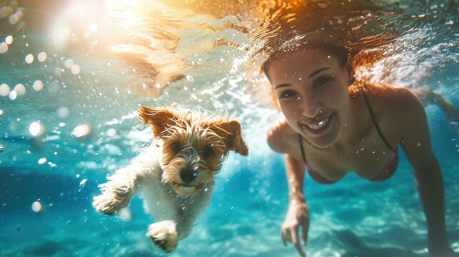 Happy woman and little dog swimming underwater in pool, summer, happy, lifestyles, vacation, holiday, healthy, active, joy, happiness, recreation, enjoyment