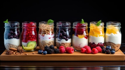 yogurt to various jars and dishes, try a variety of toppings and always include large container in shot, food, dessert, sweet, fresh, dairy, delicious, breakfast, fruit, organic