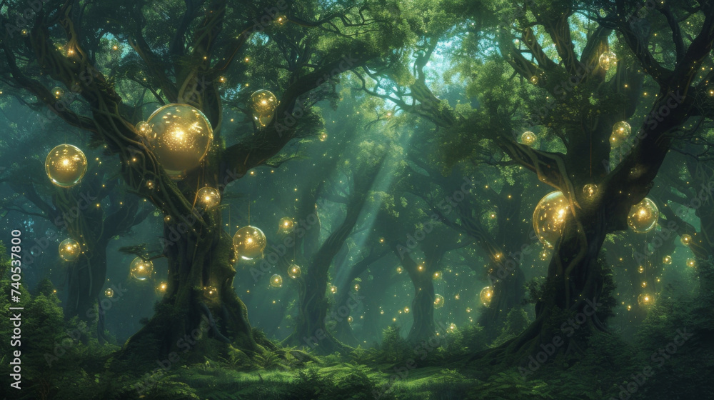 Poster a forest of towering trees their branches adorned with glowing orbs that seem to sing and ring with 