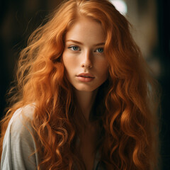 Naklejka premium Long red hair and blue eyes on woman in grey shirt