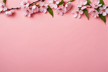 Fototapeta na wymiar Floral banner. Sakura flowers blossoms on pastel pink background. Springtime composition with copy space. Flat lay