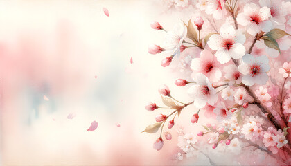 Watercolor pink cherry blossoms, spring floral background. April's floral nature and spring Sakura blossoms. Banner or invitation template layout for springtime.
