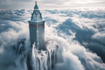 clock tower, illuminated at night, rises above the clouds. The clock face is visible - obrazy, fototapety, plakaty