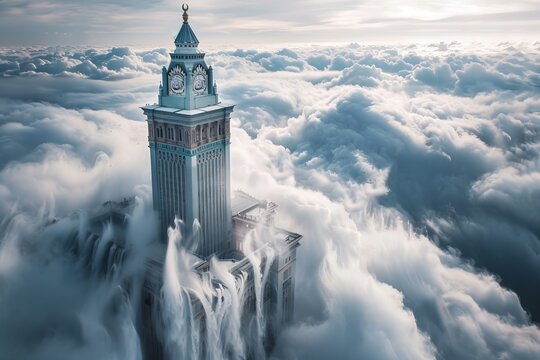 clock tower, illuminated at night, rises above the clouds. The clock face is visible