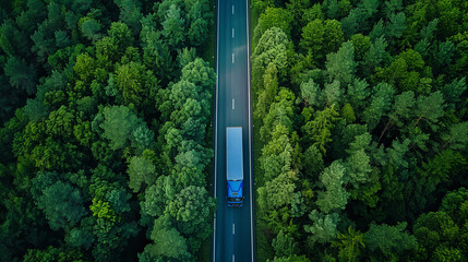 Aerial view of a blue transportation truck on an empty road in middle of a green trees forest - Powered by Adobe