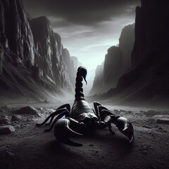 Black scorpion stands ominously in desert canyon
 - obrazy, fototapety, plakaty