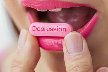 Mental health medication concept image with a woman taking an antidepressant pill to cure depression with a tablet with written word depression in the person mouth