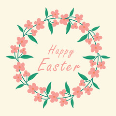 Easter wreath with delicate pink flowers, hand drawn . Decorative frame of spring flowers, inscription Happy Easter.